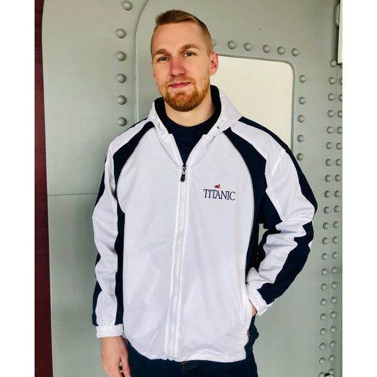 White Hooded Jacket with Vertical Navy Stripes