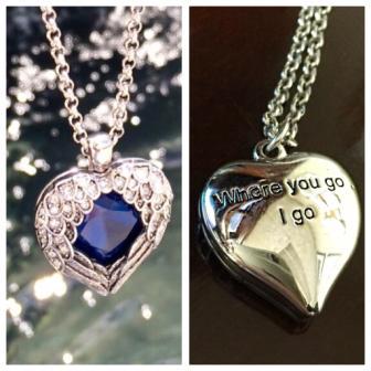 IDA STRAUS WINGED CRYSTAL HEART NECKLACE INSCRIBED ON BACK " WHERE YOU GO I GO"